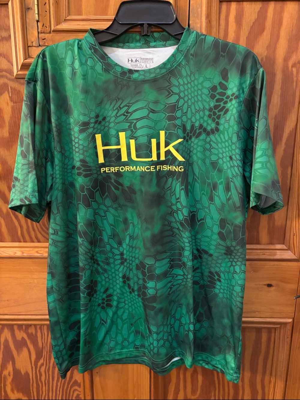 Huk Green Camo Performance Fishing Shirt with Yellow Logo